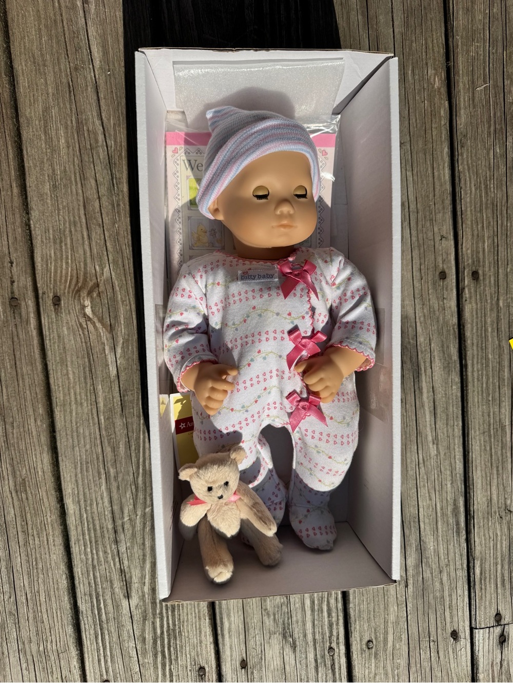American Girl Baby Doll in Pink & White Sleep Outfit with Plush Bear - Picture 13 of 15